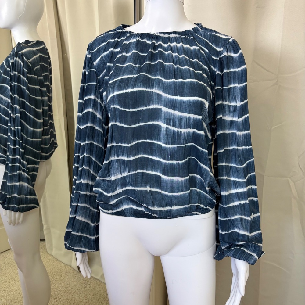 Bella Dahl Blue White Shibori Wave Stripe Blouse Long Sleeve Elastic Hem Small